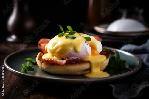 Eggs Benedict with cheese topping, American breakfast. Ai generated.