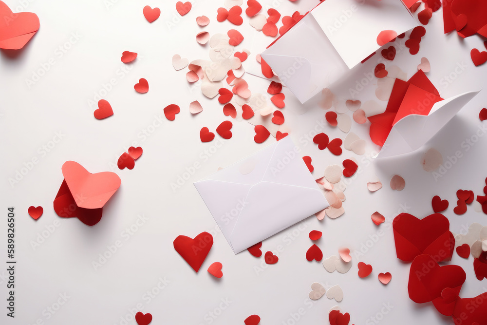 White envelope with hearts. Illustration AI Generative. White envelope with hearts. Illustration AI Generative.