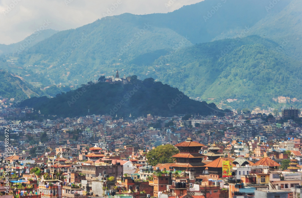 View of the city from above. Red roofs, stupas. Kathmandu. Nepal