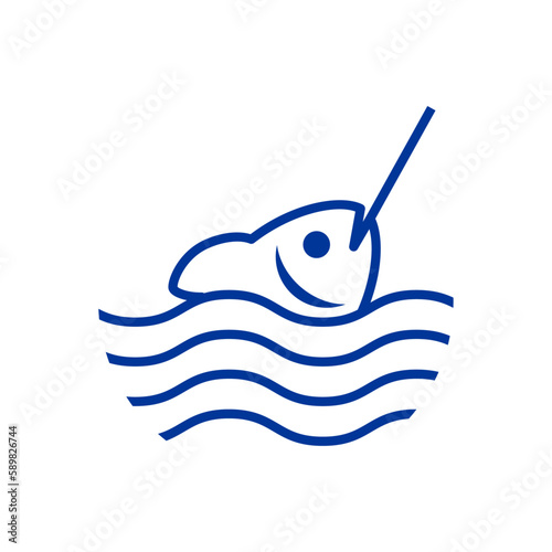 Logo de pesca con anzuelo. Pescado lineal con olas de mar