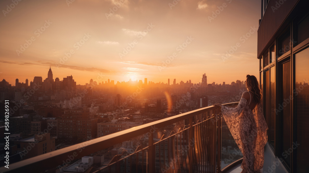 Obraz premium Girl on balcony, Sunset time. Illustration AI Generative.