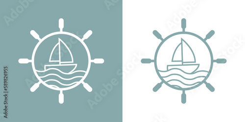 Logo Nautical. Timón de barco lineal con olas de mar y barco de vela