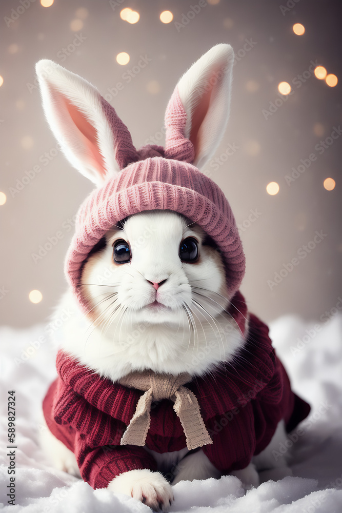 Obraz premium Portrait of a adorable bunny, funny and cute face closeup, wear a warming clothes in winter and ready for christmas. isolated on beautiful bokeh background, created with generative ai 