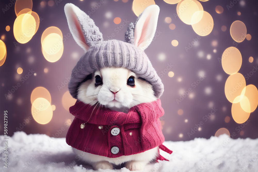 Portrait of a adorable bunny, funny and cute face closeup, wear a warming clothes in winter and ready for christmas. isolated on beautiful bokeh background, created with generative ai
Portrait of a adorable bunny, funny and cute face closeup, wear a warming clothes in winter and ready for christmas. isolated on beautiful bokeh background, created with generative ai