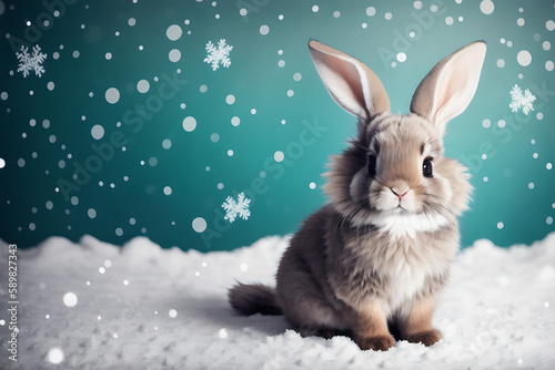 Portrait of a adorable bunny, funny and cute face closeup, wear a warming clothes in winter and ready for christmas. isolated on beautiful bokeh background, created with generative ai 