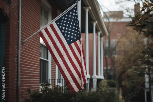 American Flag Hanging at a home. USA flag. generated ai