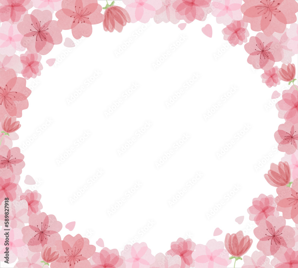 Horizontal frame with beautiful watercolor sakura flowers around