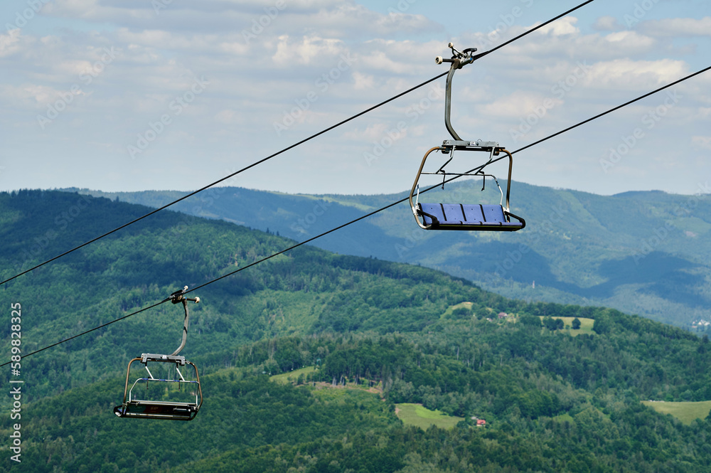 bottom view of the cable car carriages and the sky in the Polish mountains