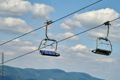 Obraz na płótnie bottom view of the cable car carriages and the sky in the Polish mountains w salonie