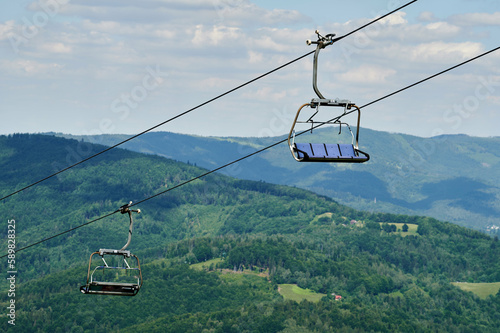 Obraz na płótnie bottom view of the cable car carriages and the sky in the Polish mountains w salonie