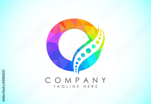 Polygonal O alphabet with chiropractic spine logo. Low poly style spinal care icon for business and company identity.