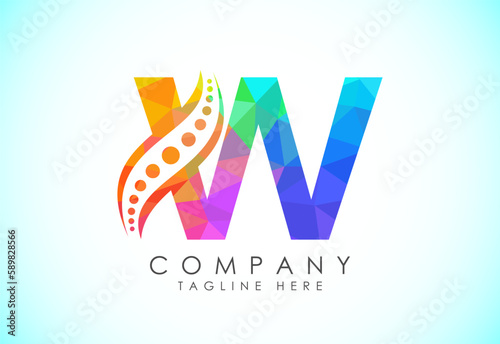 Polygonal W alphabet with chiropractic spine logo. Low poly style spinal care icon for business and company identity.
