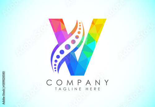 Polygonal V alphabet with chiropractic spine logo. Low poly style spinal care icon for business and company identity.
