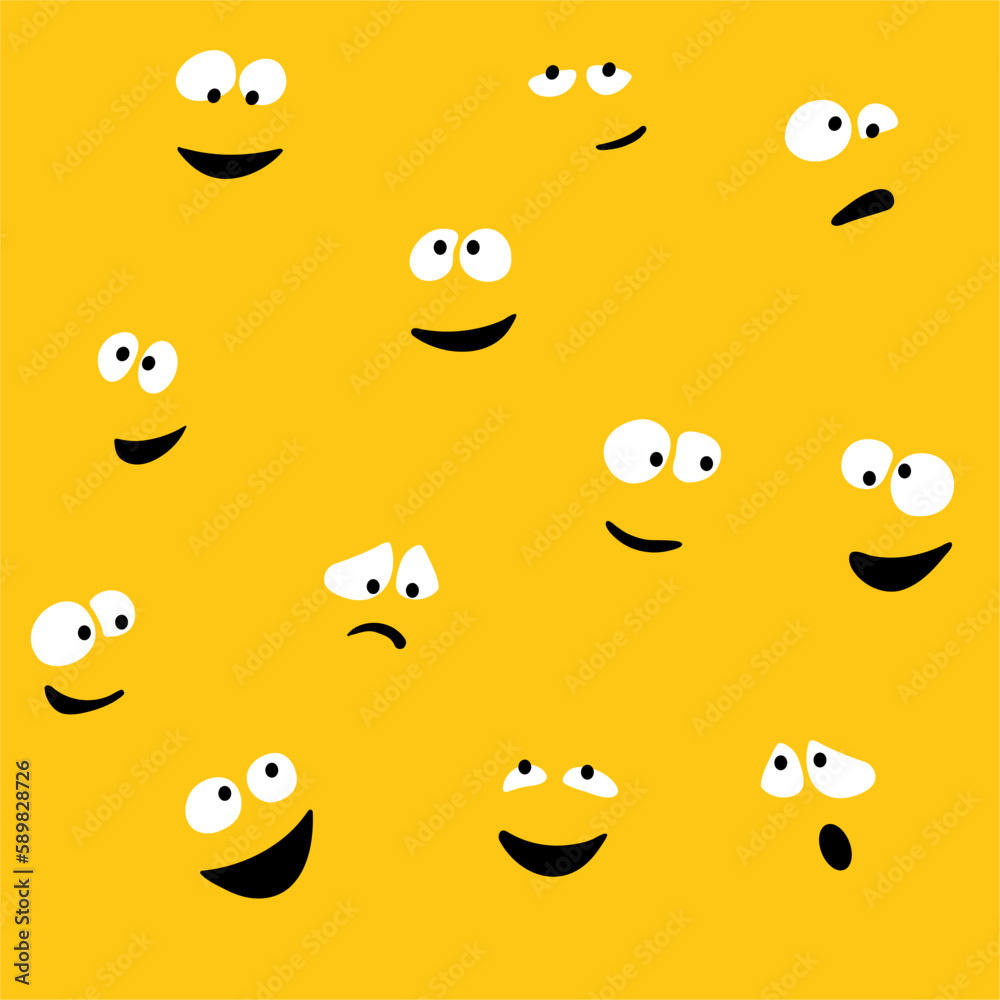 Fototapeta premium Pattern of funny crazy eyes with crazy emotions on yellow background with smile lips in doodle style