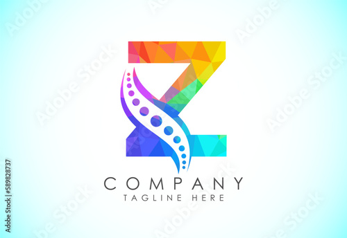 Polygonal Z alphabet with chiropractic spine logo. Low poly style spinal care icon for business and company identity.