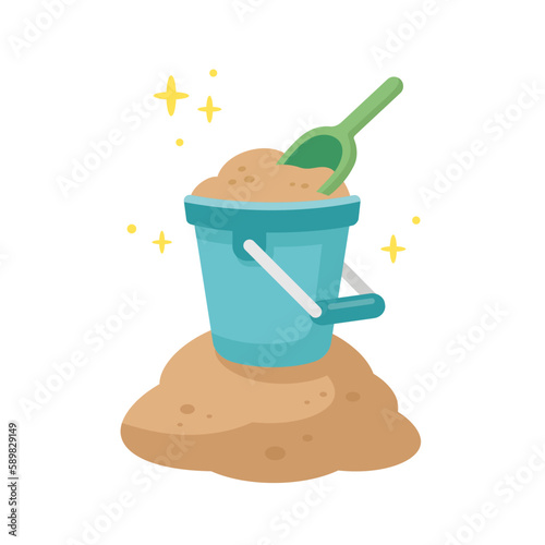 Blue baby bucket with shovel and sand. Children beach summer vacation. Flat design. Vector illustration isolated on white background