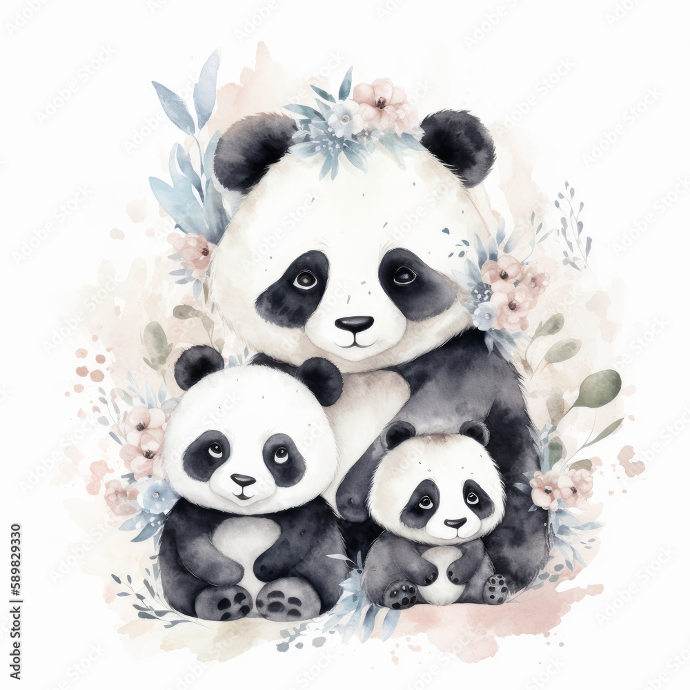 Naklejka premium Cute watercolor panda family, Illustration AI Generative.