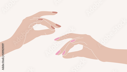 Elegant woman hand isolated. Different nail and skin colors. Modern vector illustration in flat style. 