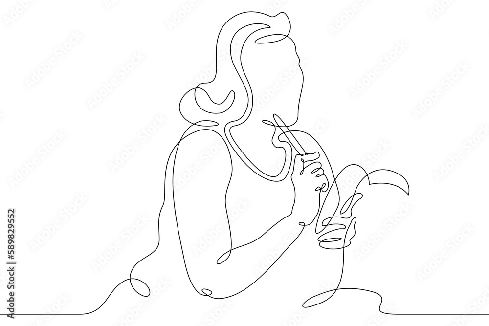 One continuous line.Gnawing on a ballpoint pen. The girl writes with a pencil. Portrait of a young pretty woman with a pencil in her mouth. Woman writer.One continuous line drawn isolated, white backg