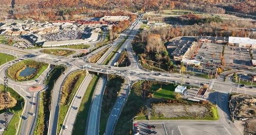 Aerial, drone, sunny afternoon video of a diverging diamond interchange photo