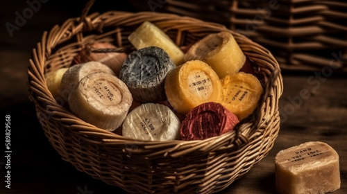  natural handmade soaps in round wooden basket Generated AI