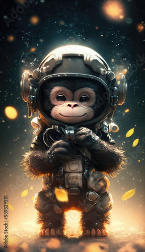 A cute baby chimpanzee astronaut in space with floral and space background. Generative AI technology.