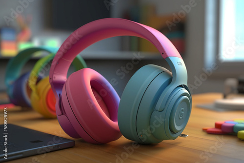 A pink and blue headphones on a wooden table with a laptop on the table.