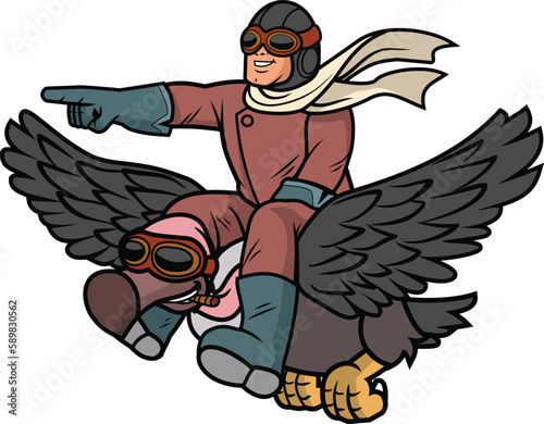 Pilot riding a vulture vector cartoon