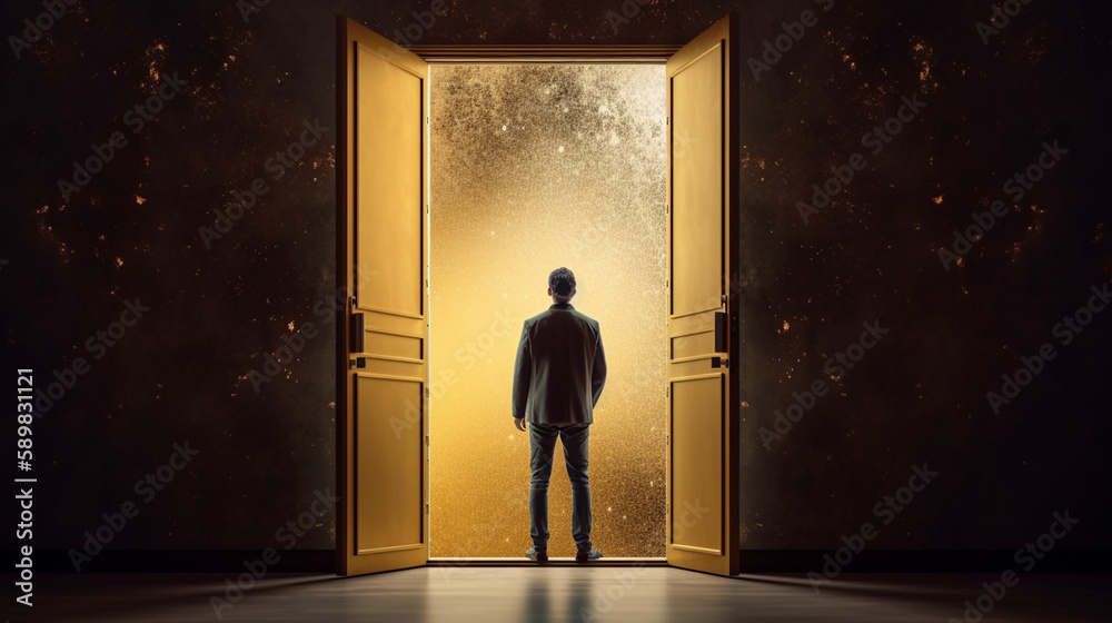 Fototapeta premium man entering Opening door with golden house on fuzzy interior background Generated AI
