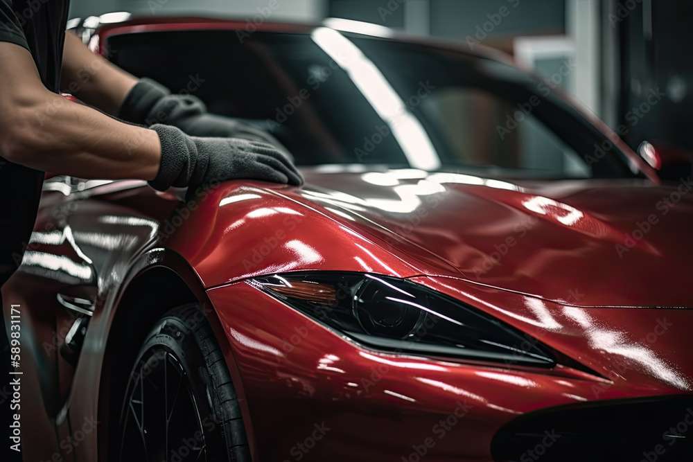 Close up of a auto body mechanic buffing a scratch on sports car