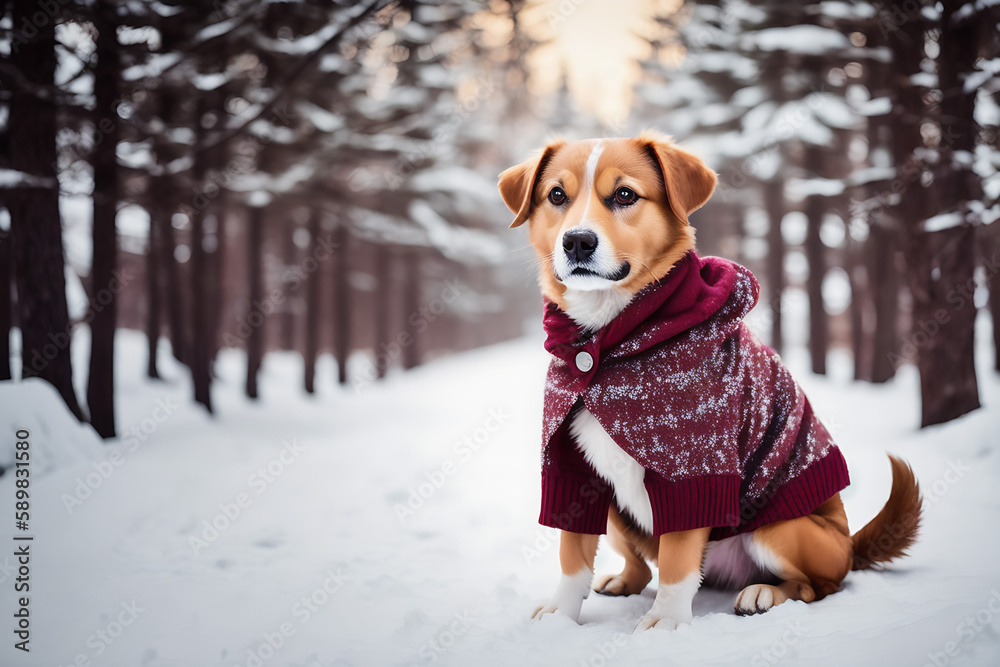 Portrait of a adorable dog, funny and cute face closeup, wear a warmer clothes, ready for christmas, isolated on beautiful bokeh background, created with generative ai Portrait of a adorable dog, funny and cute face closeup, wear a warmer clothes, ready for christmas, isolated on beautiful bokeh background, created with generative ai