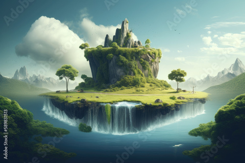 Float landscape with waterfall paradise on blue sky. Generative AI © nornie