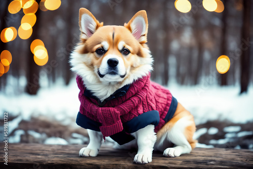 Portrait of a adorable dog  funny and cute face closeup  wear a warmer clothes  ready for christmas  isolated on beautiful bokeh background  created with generative ai