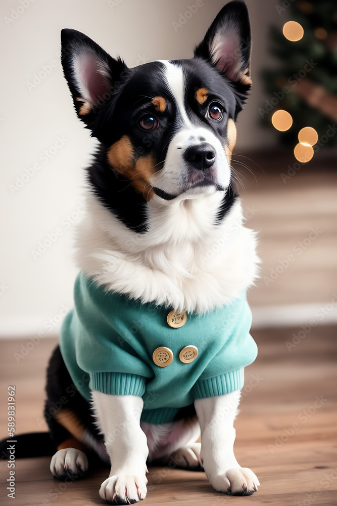 Portrait of a adorable dog, funny and cute face closeup, wear a warmer clothes, ready for christmas, isolated on beautiful bokeh background, created with generative ai