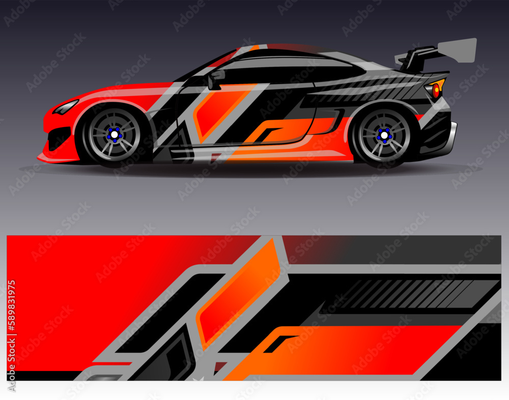 Fototapeta premium Car wrap design vector. Graphic abstract stripe racing background kit designs for wrap vehicle race car rally adventure and livery