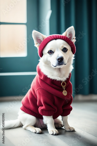 Portrait of a adorable dog, funny and cute face closeup, wear a warmer clothes, ready for christmas, isolated on beautiful bokeh background, created with generative ai
