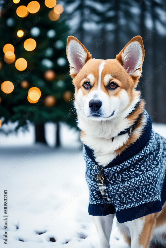 Portrait of a adorable dog, funny and cute face closeup, wear a warmer clothes, ready for christmas, isolated on beautiful bokeh background, created with generative ai