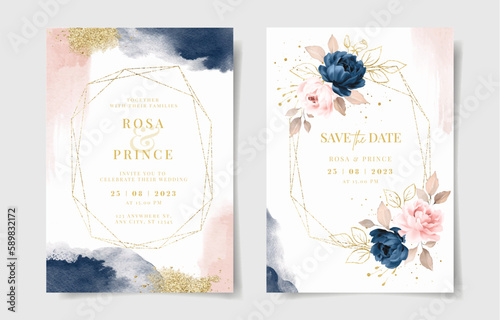 Set of watercolor wedding invitation card template with navy and pink floral and leaves decoration