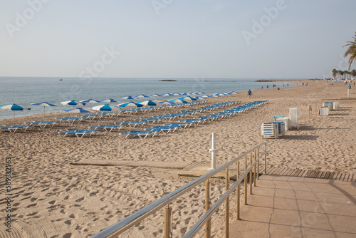 Sun Loungers set out on Beach, Villajoyosa, Alicante  Spain © kevers
