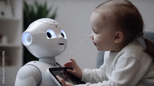 A baby girl, toddler, is with a home babysitter robot closely feeling safe and curious. Artificial intelligence and robotic devices in everyday living. Human and AI coexistence concept. Generative AI