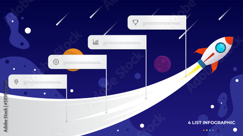4 list of steps diagram with stair level sequence, infographic element template with rocket in the space illustration vector