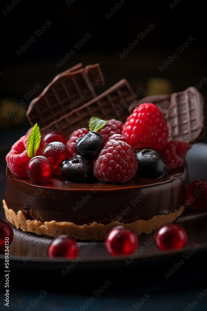 Generative ai traditional homemade dark chocolate tarte decorated with berries