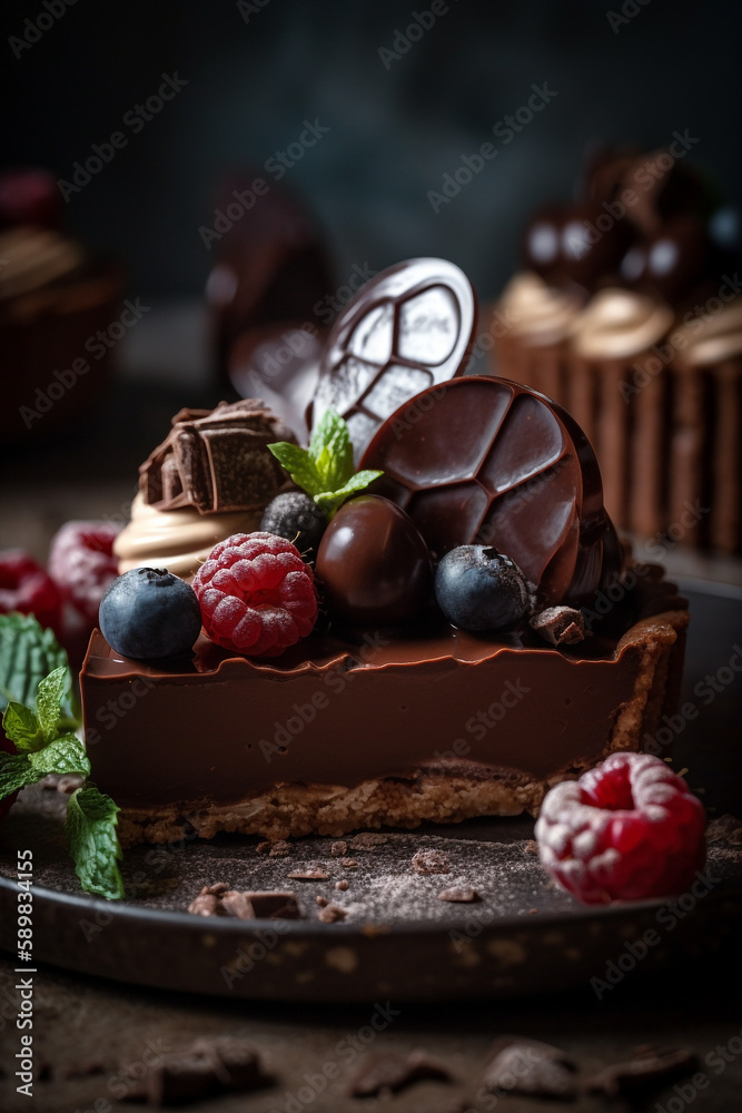 Generative ai traditional homemade dark chocolate tarte decorated with berries
