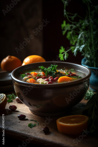 Generative ai colorful fresh autumn vegetables hot soup in a pot