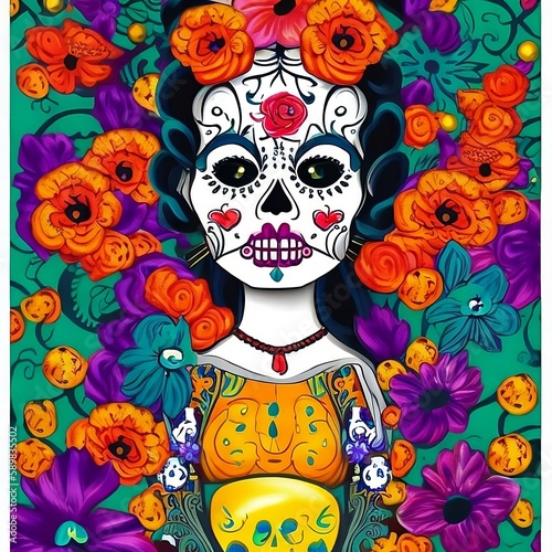 Day of the Dead and Halloween. Katrina Dia de los Muertos. Mexican tradition  festival. The woman is made up of a sugar skull. Calavera Katrina typographic poster  t-shirt style. Generative AI