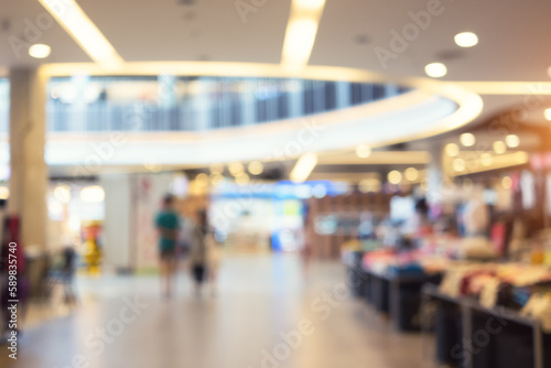 Blurred image of shopping mall, market or stores in Chiang Mai. People, shopper walking on white floor. Modern interior design for background. Concept of shopping center, retail, business, lifestyle.