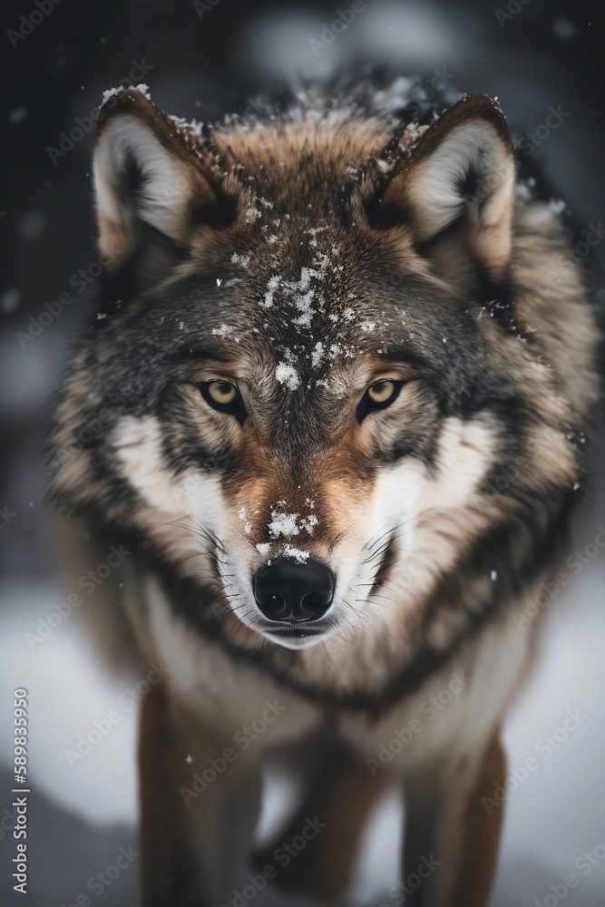 Fototapeta premium Cinematic Wolf in Snow Looking at Camera with Exquisite Detail, Created using Generative AI