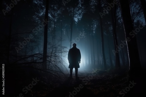 forest at night - silhouette of person standing in the dark forest with light © Arthur