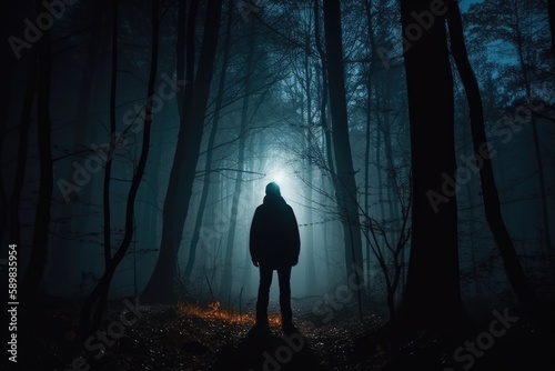 forest at night - silhouette of person standing in the dark forest with light