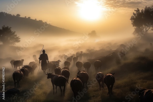nomadic Fulani herdsmen on their journey, the sun rising behind them - AI Generated